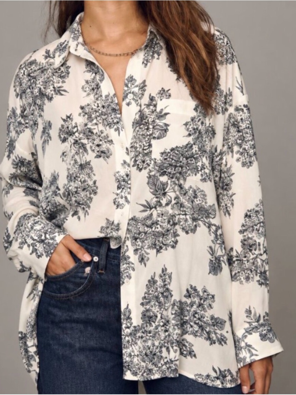 H&M Cream Button-Down Shirt with Black Floral Print